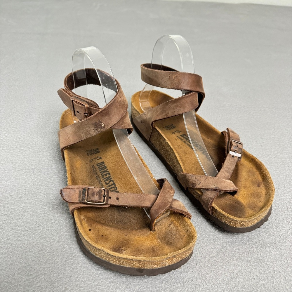 Birkenstock Yara Sandals Women 38 Brown Leather Ankle Strap Toe Loop Flat Boho